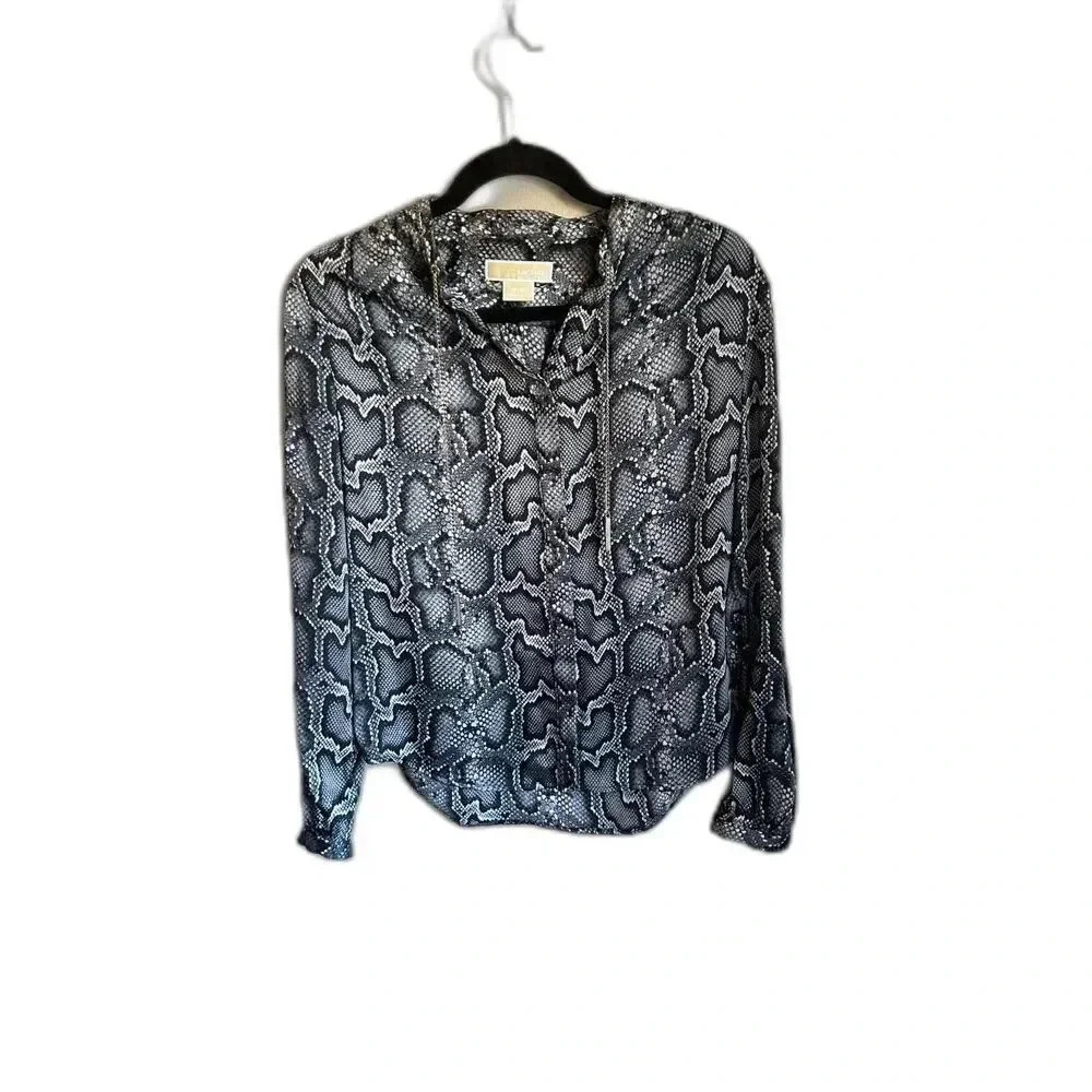 Michael Kors Gray/Black Snake Print Silver Chain Detail Blouse, Animal Print Top